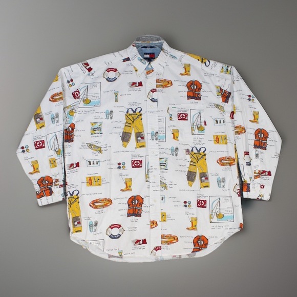 Tommy Hilfiger Other - Vtg Tommy Hilfiger Nautical All Over Print Shirt Large Cotton Button Collar 90's